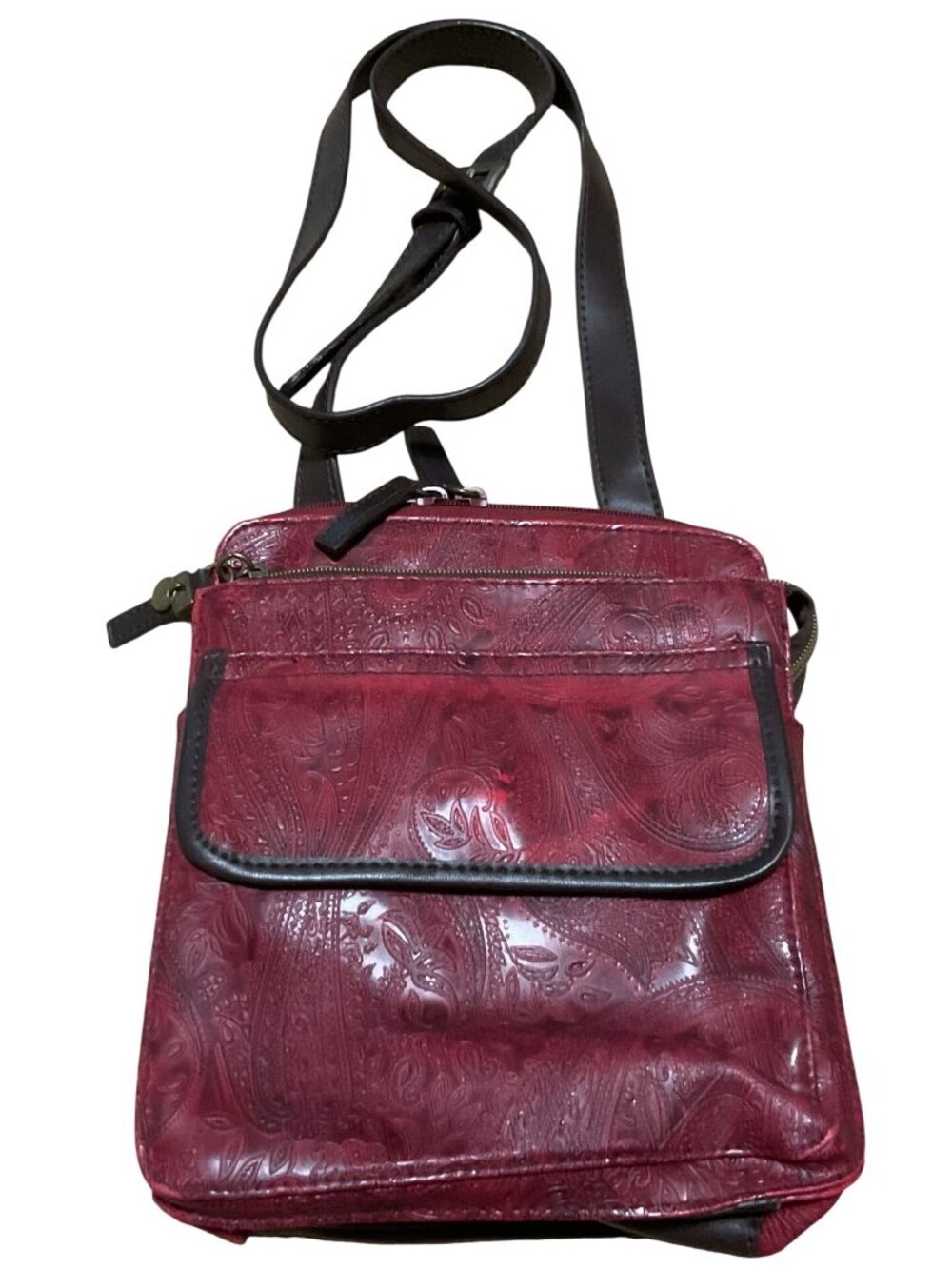 Relic Paisley Embossed Deep Red Crossbody Bag With Adjustable Strap & Pockets - Picture 2 of 4